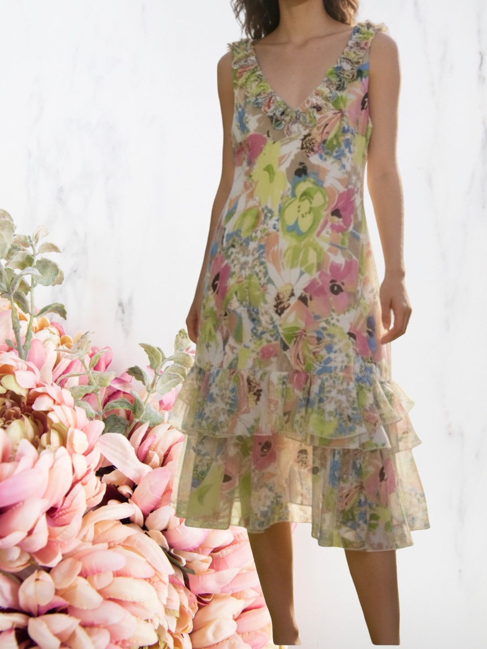 Dressbarn Floral Ruffle V-Neck Maxi Dress in Pink, Green, Beige Sz 20